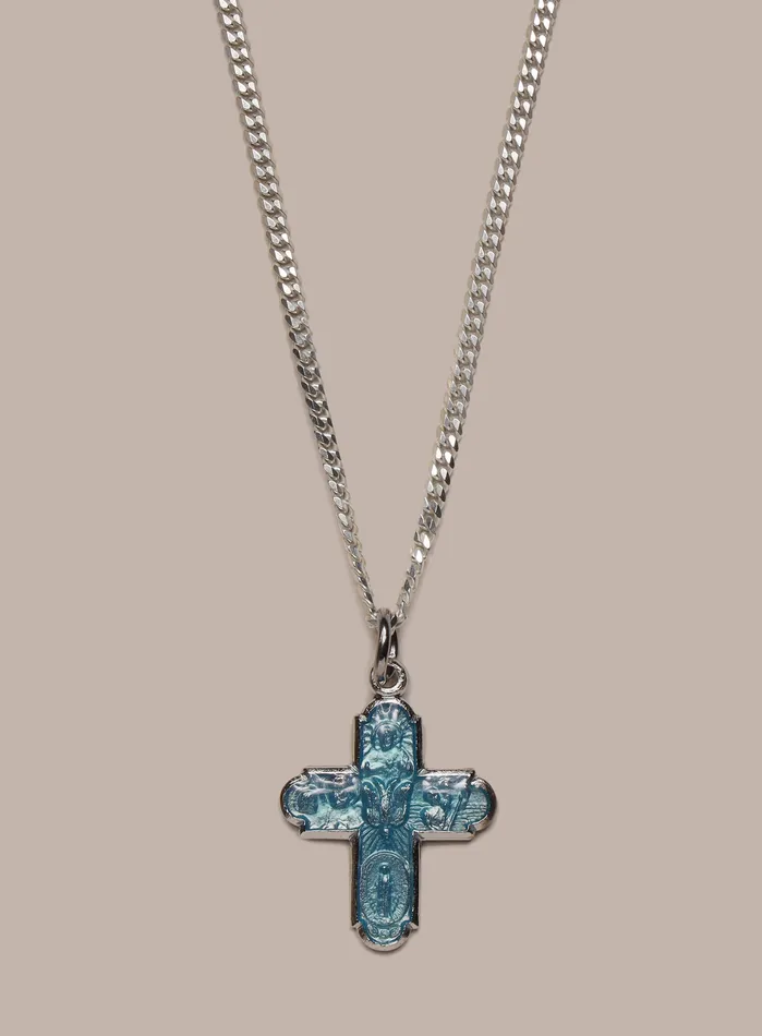 925 Sterling Silver Cross Pendant with Blue Enamel 2mm Cuban Chain WE ARE ALL SMITH Mens Jewelry Clothing Necklaces