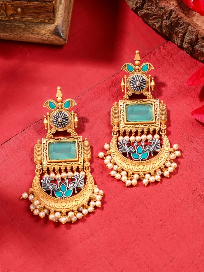 Bracelets Gold Plated Dangler Earrings for Women Elegant Design 10cm Green Stones Gift Ready Yellow Chimes