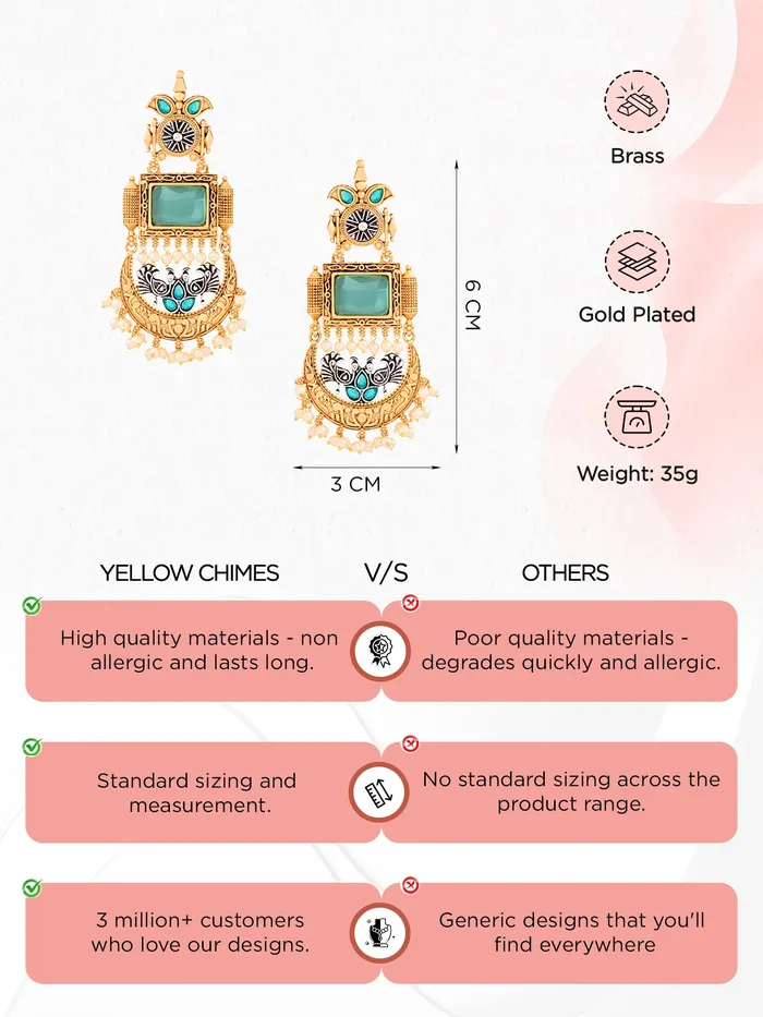 Bracelets Gold Plated Dangler Earrings for Women Elegant Design 10cm Green Stones Gift Ready Yellow Chimes