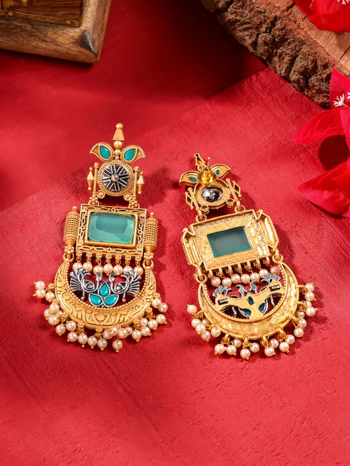Bracelets Gold Plated Dangler Earrings for Women Elegant Design 10cm Green Stones Gift Ready Yellow Chimes