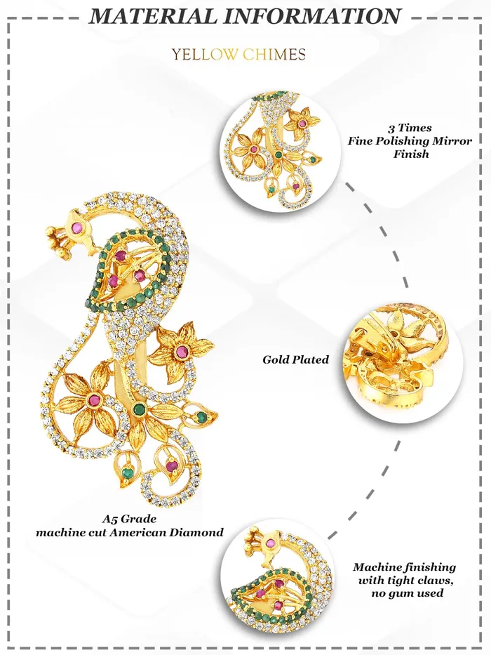 Bracelets Yellow Chimes Brooch for Women Classic ADAmerican Diamond Brooch Pin Peacock Design Gold Plated Bridal Saree Pin for Women and Girls Yellow Chimes