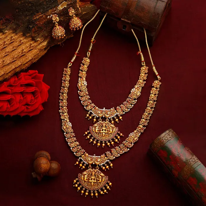 Bracelets Yellow Chimes Jewellery Set for Women Gold Plated Traditional Temple Jewelry Set Antique Necklace Set with Earrings and Maangtikka for Women and Girls JS 16 Yellow Chimes