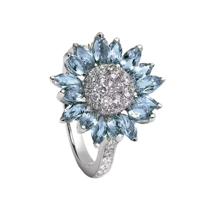Bracelets Yellow Chimes Rings for Women Floral Designed Aquamarine Blue and White Crystal Sunflower Shaped Silver Plated Rings for Women and Girls Yellow Chimes