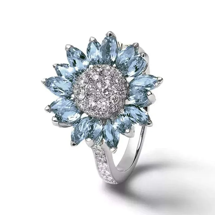Bracelets Yellow Chimes Rings for Women Floral Designed Aquamarine Blue and White Crystal Sunflower Shaped Silver Plated Rings for Women and Girls Yellow Chimes