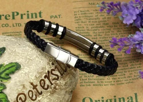 Bracelets YELLOW CHIMES Stainless Steel Leather Bracelet for Men and Boys Yellow Chimes