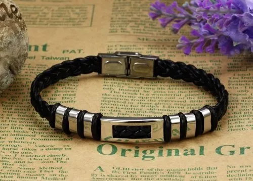 Bracelets YELLOW CHIMES Stainless Steel Leather Bracelet for Men and Boys Yellow Chimes