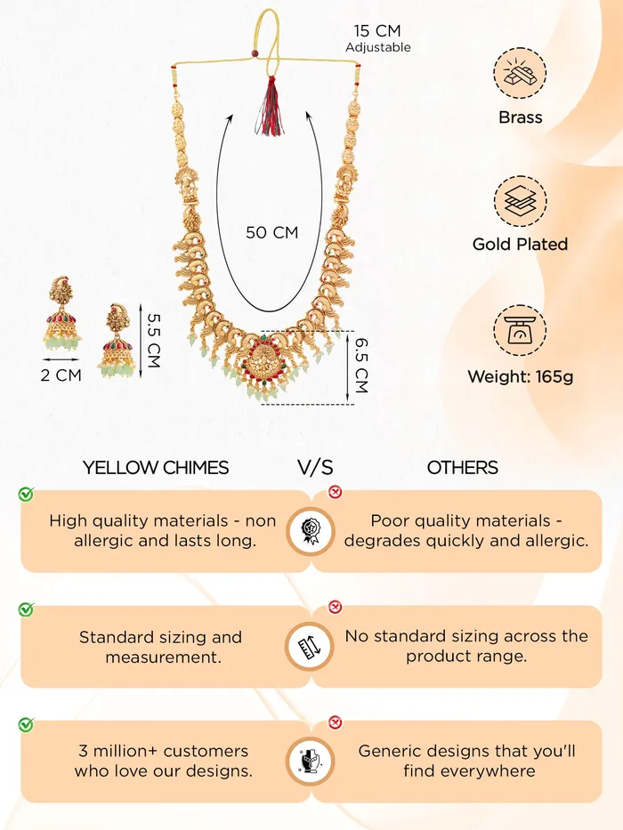 Bracelets Yellow Chimes Temple Jewellery Set Gold Plated Bridal Necklace for Women Adjustable Clasp 38cm Gold