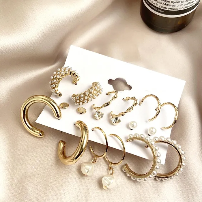 Combo Gold Toned 9 Pair Earrings for Women Studs Hoops 55 cm08 cm Gift Ready Gold Yellow Chimes Rings
