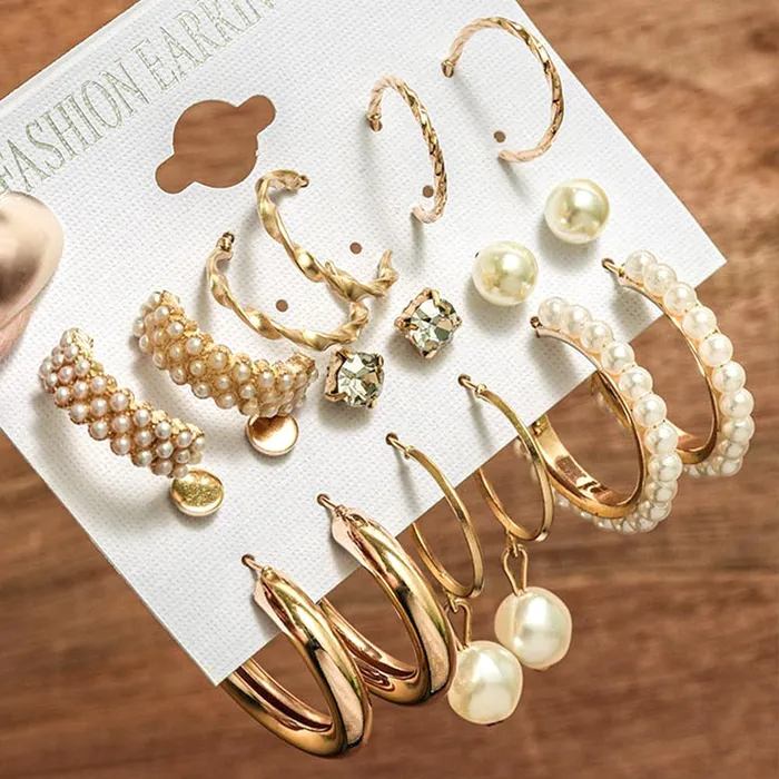 Combo Gold Toned 9 Pair Earrings for Women Studs Hoops 55 cm08 cm Gift Ready Gold Yellow Chimes Rings