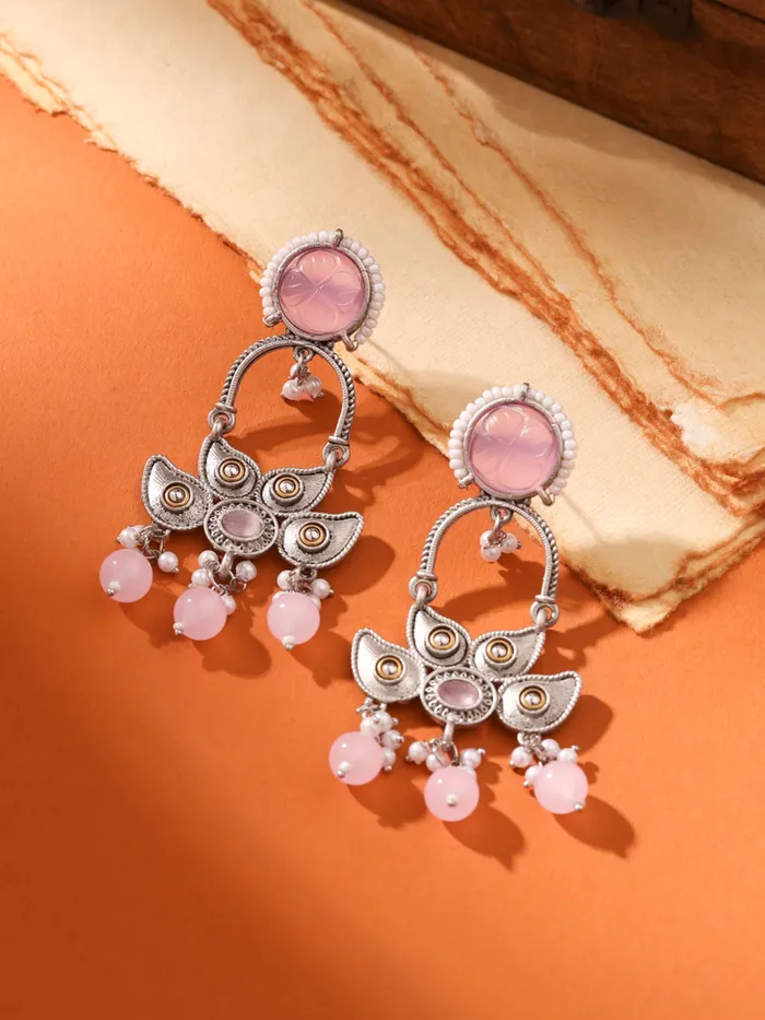 Drop Earrings Silver Oxidised Pink Stone with Elegant Design 77cm Traditional Style Silver Yellow Chimes Earrings