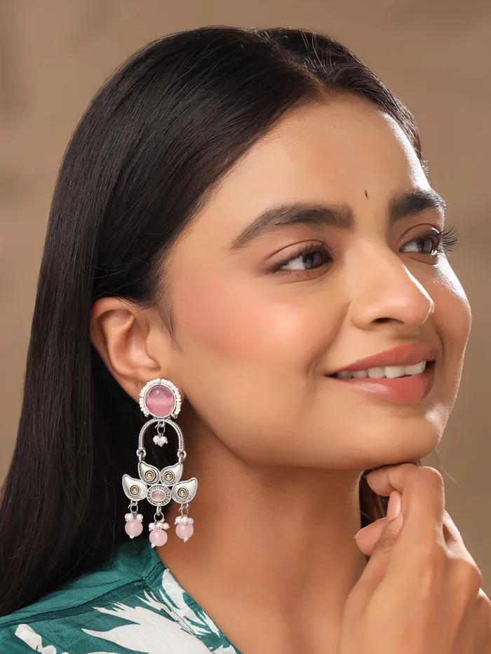 Drop Earrings Silver Oxidised Pink Stone with Elegant Design 77cm Traditional Style Silver Yellow Chimes Earrings