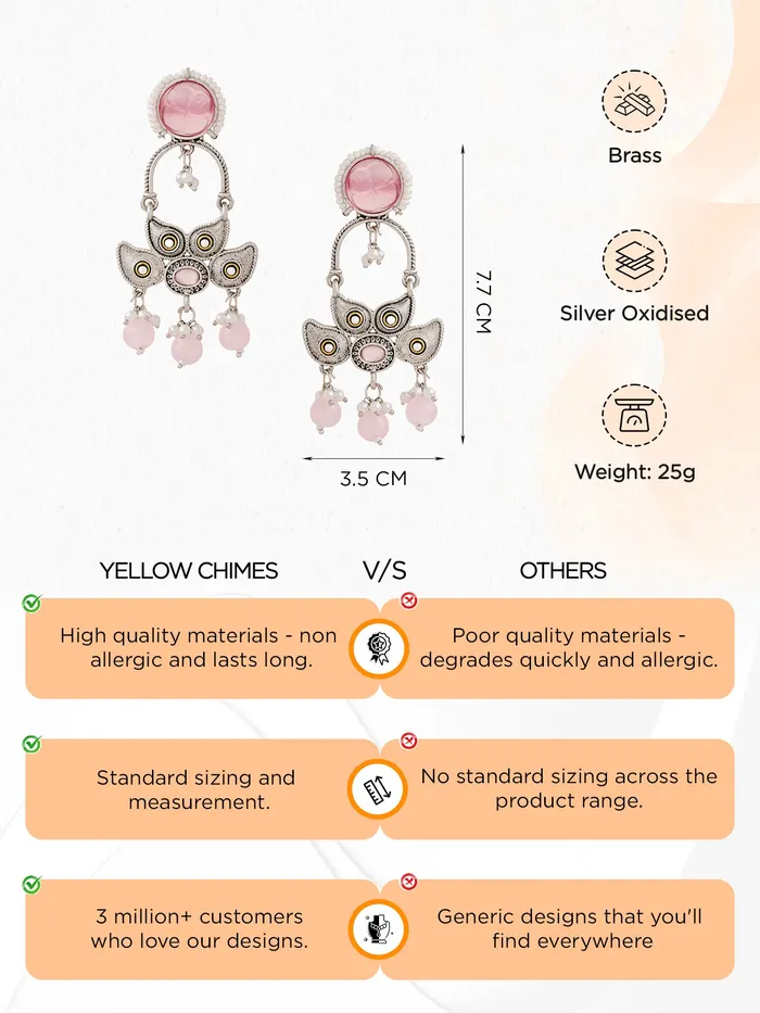 Drop Earrings Silver Oxidised Pink Stone with Elegant Design 77cm Traditional Style Silver Yellow Chimes Earrings