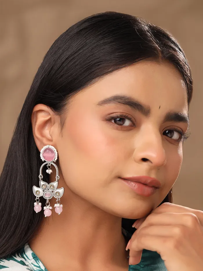 Drop Earrings Silver Oxidised Pink Stone with Elegant Design 77cm Traditional Style Silver Yellow Chimes Earrings