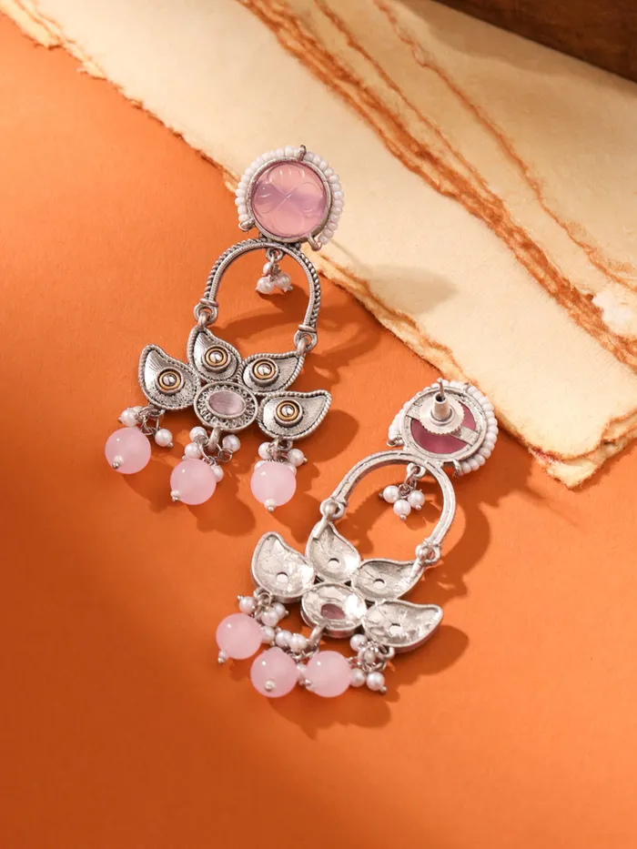 Drop Earrings Silver Oxidised Pink Stone with Elegant Design 77cm Traditional Style Silver Yellow Chimes Earrings