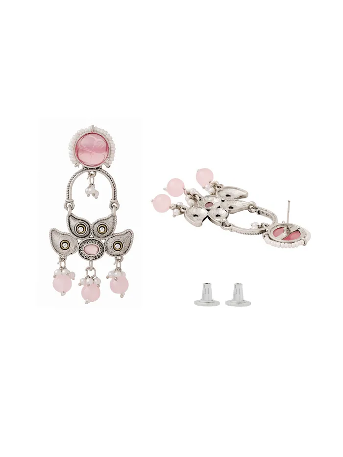 Drop Earrings Silver Oxidised Pink Stone with Elegant Design 77cm Traditional Style Silver Yellow Chimes Earrings