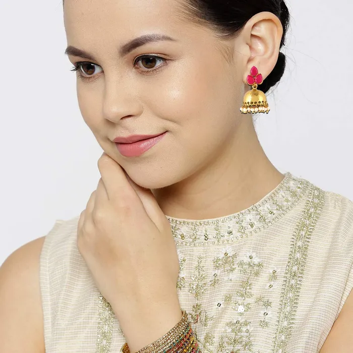 Earrings Kairangi Kairangi Earrings for Women and Girls Traditional Pink Studded Stone Jhumka Earrings Gold Plated Leaf Shaped Jhumki Birthday Gift for girls and women Anniversary Gift for Wife