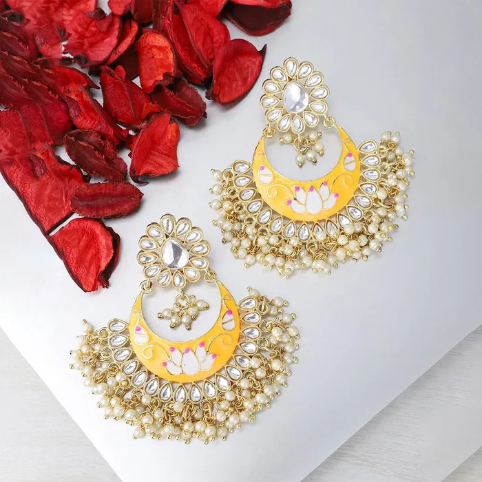 Earrings Kairangi Kairangi Meenakari Chandbali Earrings for Women Gold Plated Traditional Meenakari Flower Yellow Chand bali Earrings for Women and Girls