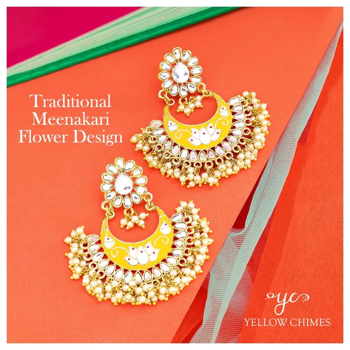 Earrings Kairangi Kairangi Meenakari Chandbali Earrings for Women Gold Plated Traditional Meenakari Flower Yellow Chand bali Earrings for Women and Girls