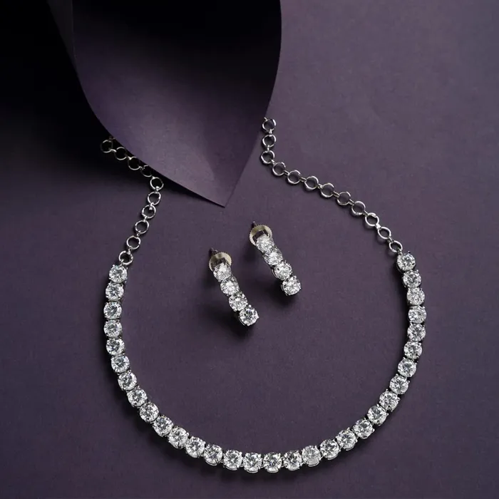 Earrings Yellow Chimes American Diamond Necklace Set For Women White Stone Silver Jewellery Set For Women Diamond Necklace Set Birthday Gift for Girls Anniversary Gift for Wife Yellow Chimes