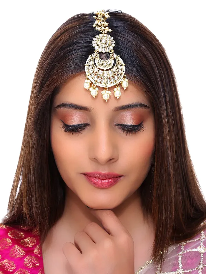 Earrings Yellow Chimes Combo of Traditional Gold Plated Studded Kundan Beads Design Ethnic Maang Tikka for Women and Girls Design 1 Yellow Chimes