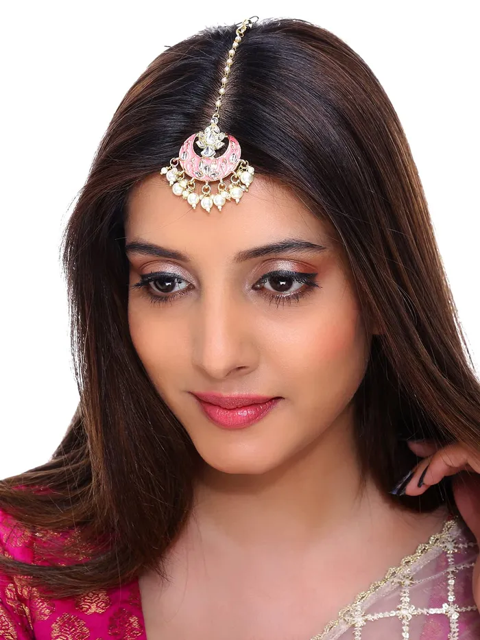 Earrings Yellow Chimes Combo of Traditional Gold Plated Studded Kundan Beads Design Ethnic Maang Tikka for Women and Girls Design 1 Yellow Chimes