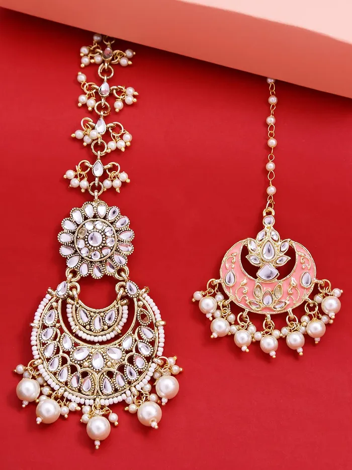 Earrings Yellow Chimes Combo of Traditional Gold Plated Studded Kundan Beads Design Ethnic Maang Tikka for Women and Girls Design 1 Yellow Chimes