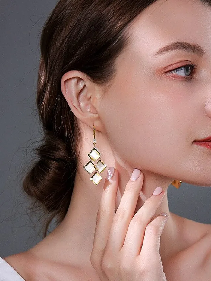 Earrings Yellow Chimes Earrings For Women White Color Crystal Studded Geometrical Shape Drop Earrings For Women and Girls Yellow Chimes