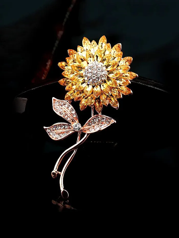 Earrings Yellow Chimes Floral Brooch for Women Elegant Gold Plated Beautiful Flower Crystal Studded Brooch for Women and Girls Valentine Gift for Girls Yellow Chimes