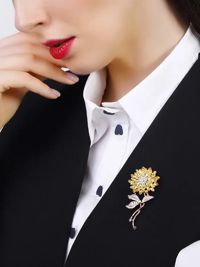Earrings Yellow Chimes Floral Brooch for Women Elegant Gold Plated Beautiful Flower Crystal Studded Brooch for Women and Girls Valentine Gift for Girls Yellow Chimes
