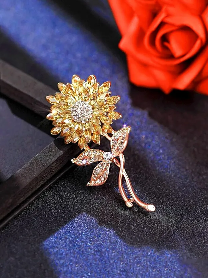 Earrings Yellow Chimes Floral Brooch for Women Elegant Gold Plated Beautiful Flower Crystal Studded Brooch for Women and Girls Valentine Gift for Girls Yellow Chimes