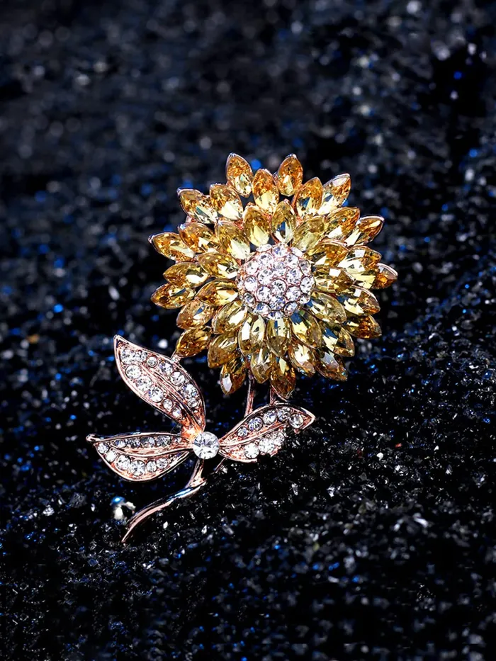 Earrings Yellow Chimes Floral Brooch for Women Elegant Gold Plated Beautiful Flower Crystal Studded Brooch for Women and Girls Valentine Gift for Girls Yellow Chimes
