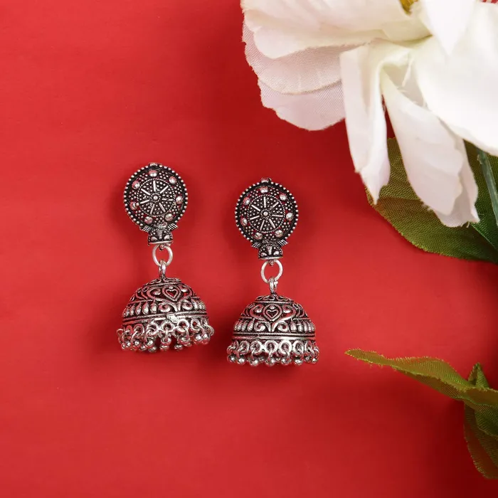 Earrings Yellow Chimes German Silver Oxidized Traditional Long Pendant Necklace with Jhumka Earrings by Yellow Chimes Jewellery Set for Womens Oxidized Silver Yctjns29OxdsunSl Yellow Chimes