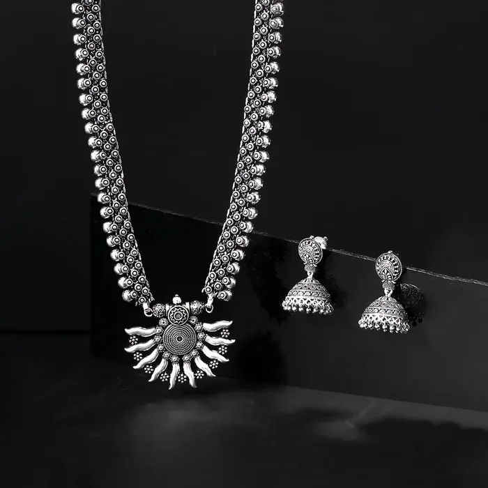 Earrings Yellow Chimes German Silver Oxidized Traditional Long Pendant Necklace with Jhumka Earrings by Yellow Chimes Jewellery Set for Womens Oxidized Silver Yctjns29OxdsunSl Yellow Chimes