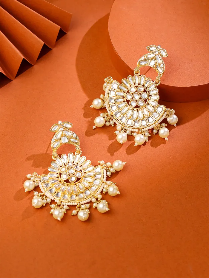 Earrings Yellow Chimes Gold Plated Kundan Dangler Earrings Lightweight 8cm OffWhite Accents