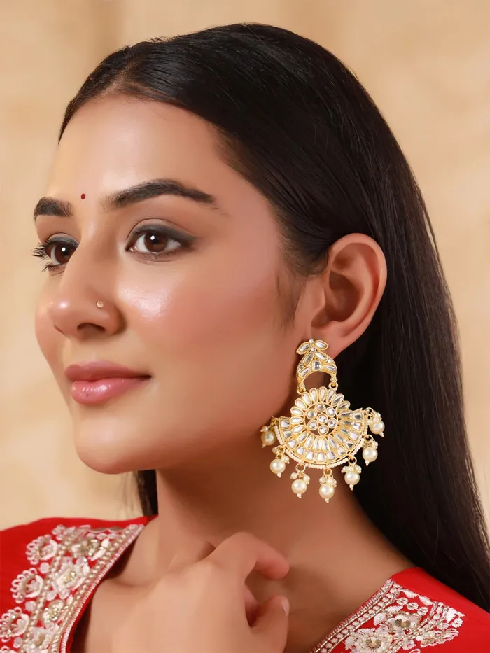 Earrings Yellow Chimes Gold Plated Kundan Dangler Earrings Lightweight 8cm OffWhite Accents