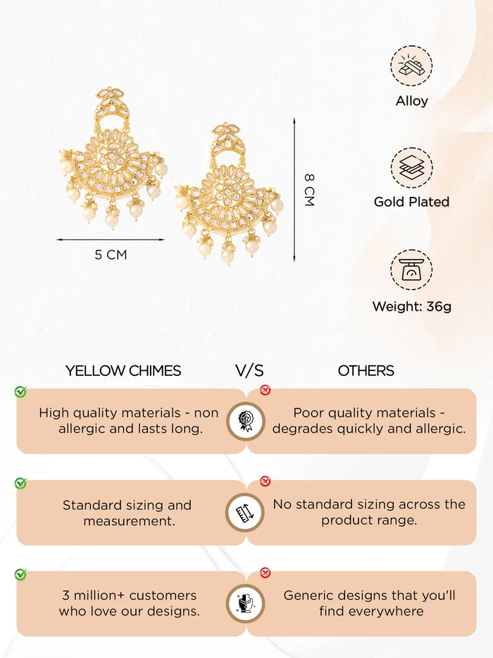 Earrings Yellow Chimes Gold Plated Kundan Dangler Earrings Lightweight 8cm OffWhite Accents