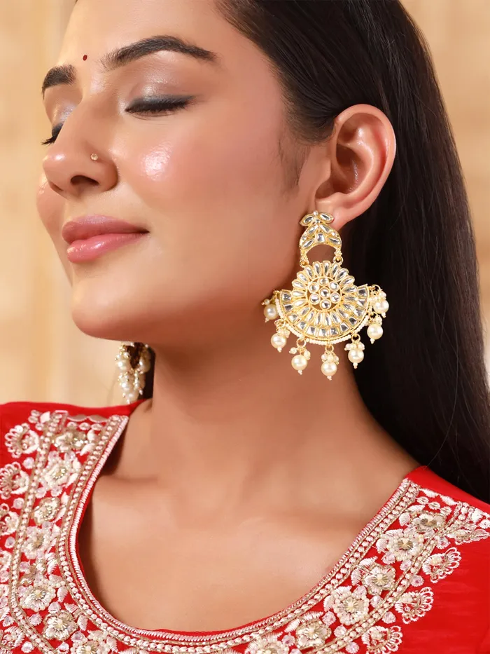 Earrings Yellow Chimes Gold Plated Kundan Dangler Earrings Lightweight 8cm OffWhite Accents
