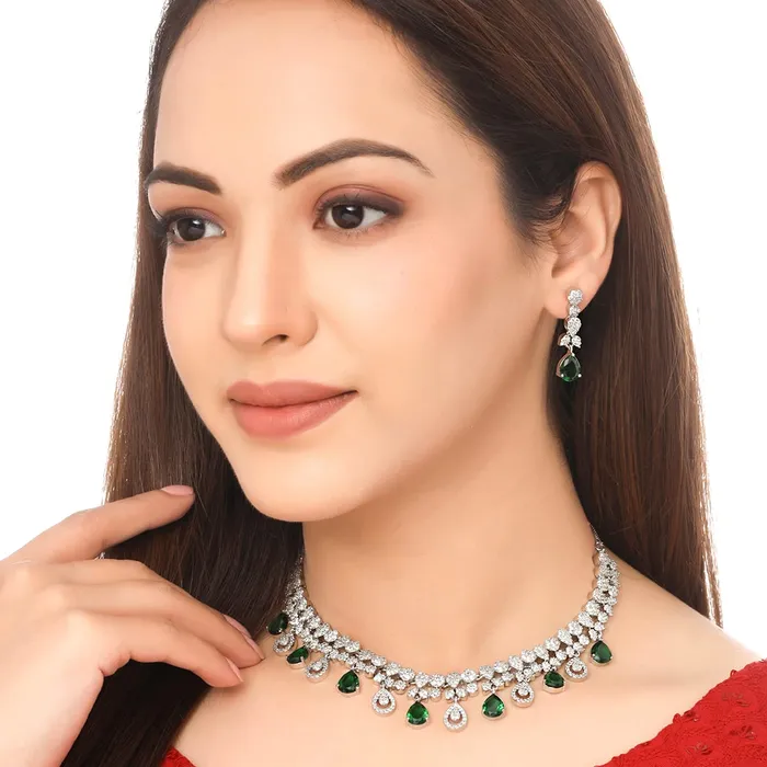 Earrings Yellow Chimes Jewellery Set for Womens Rhodium Plated ADAmerican Diamond Studded Green Crystal Necklace Set with Earrings for Women and Girls Yellow Chimes