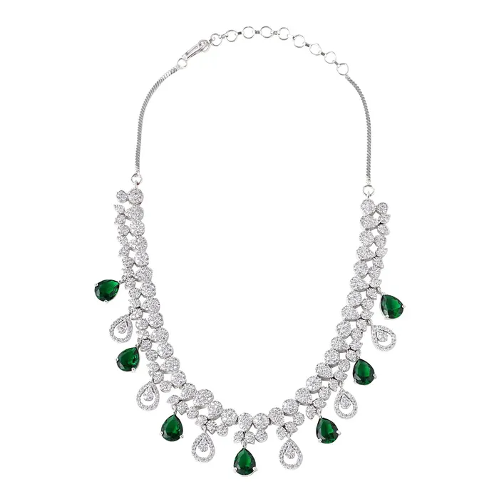 Earrings Yellow Chimes Jewellery Set for Womens Rhodium Plated ADAmerican Diamond Studded Green Crystal Necklace Set with Earrings for Women and Girls Yellow Chimes