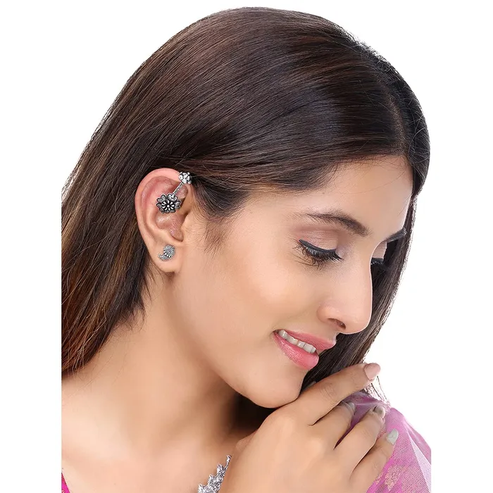 Earrings Yellow Chimes Kairangi Earrings for Women and Girls Ear Cuffs Silver Oxidised Studs Floral Shape stud and Drop Earrings Combo Birthday Gift for girls women Anniversary Gift for Wife