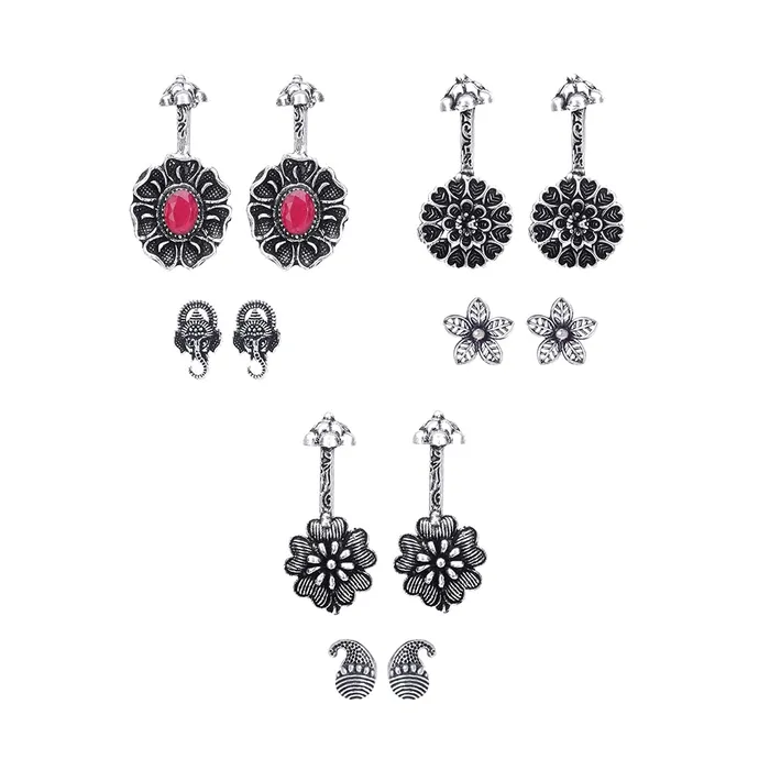 Earrings Yellow Chimes Kairangi Earrings for Women and Girls Ear Cuffs Silver Oxidised Studs Floral Shape stud and Drop Earrings Combo Birthday Gift for girls women Anniversary Gift for Wife