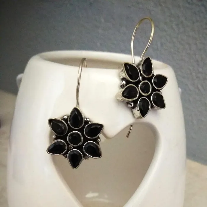 Earrings Yellow Chimes Kairangi Oxidised Drop Earrings for Women Silver Oxidised Handmand Floral Charm Studded Black Stone Drop Earrings Women And Girls