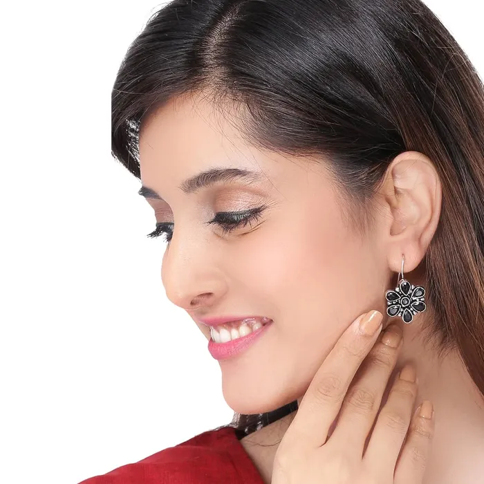 Earrings Yellow Chimes Kairangi Oxidised Drop Earrings for Women Silver Oxidised Handmand Floral Charm Studded Black Stone Drop Earrings Women And Girls
