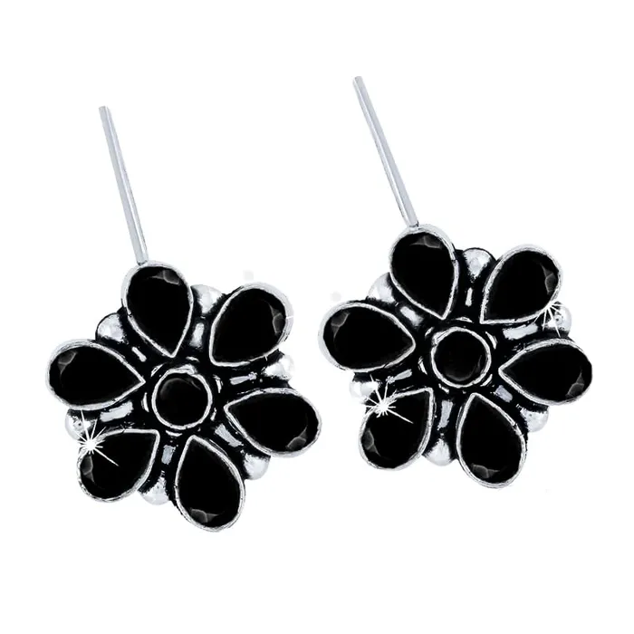 Earrings Yellow Chimes Kairangi Oxidised Drop Earrings for Women Silver Oxidised Handmand Floral Charm Studded Black Stone Drop Earrings Women And Girls