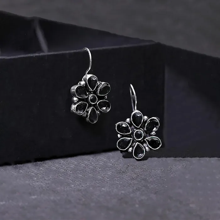 Earrings Yellow Chimes Kairangi Oxidised Drop Earrings for Women Silver Oxidised Handmand Floral Charm Studded Black Stone Drop Earrings Women And Girls