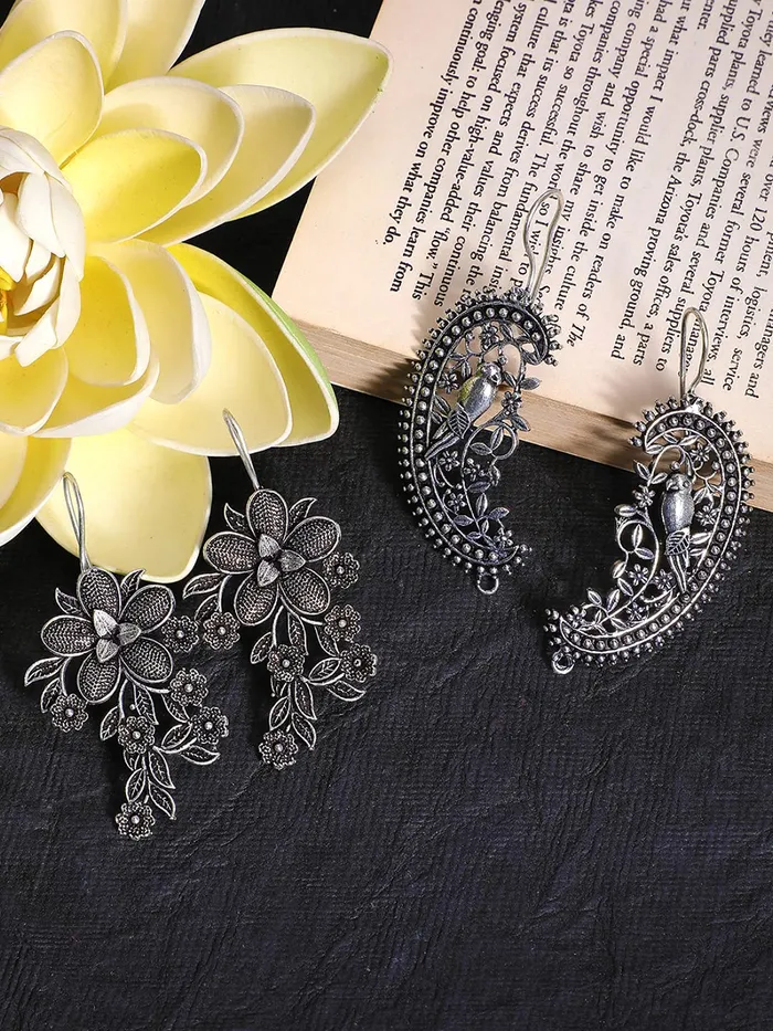 Earrings Yellow Chimes Oxidised Earrings for Women Traditional Silver Oxidised Combo of 2 Pairs Floral Ear Cuffs Earrings for Women and Girls Yellow Chimes