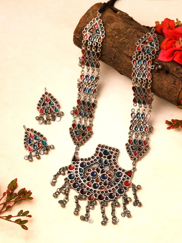 Earrings Yellow Chimes Oxidised Necklace Set for Women Silver Oxidised Multicolor Afghani Style Long Necklace Set With Earrings for Women and Girls Yellow Chimes