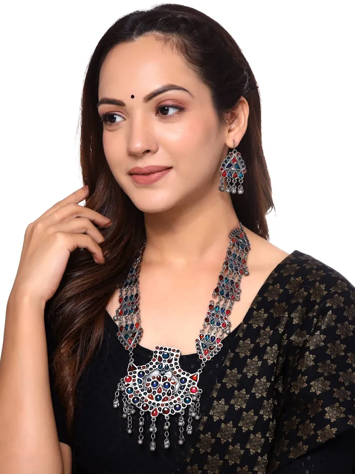 Earrings Yellow Chimes Oxidised Necklace Set for Women Silver Oxidised Multicolor Afghani Style Long Necklace Set With Earrings for Women and Girls Yellow Chimes