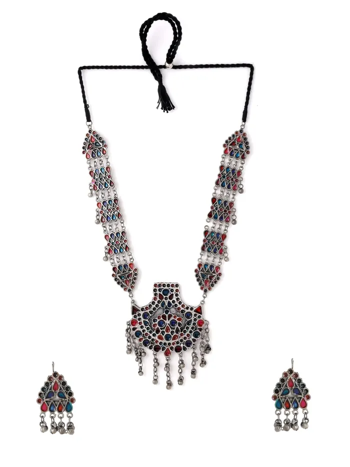 Earrings Yellow Chimes Oxidised Necklace Set for Women Silver Oxidised Multicolor Afghani Style Long Necklace Set With Earrings for Women and Girls Yellow Chimes