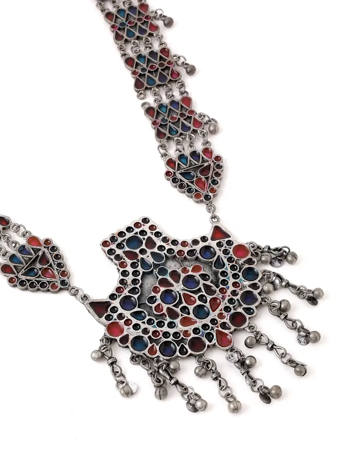 Earrings Yellow Chimes Oxidised Necklace Set for Women Silver Oxidised Multicolor Afghani Style Long Necklace Set With Earrings for Women and Girls Yellow Chimes